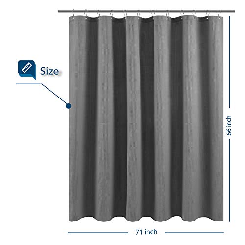 Image of Short Shower Curtain Fabric with 66 inch Length, Waffle Weave, Hotel Collection, 230 GSM Heavy Duty, Water Repellent, Machine Washable, Gray Pique Pattern Decorative Bathroom Curtain