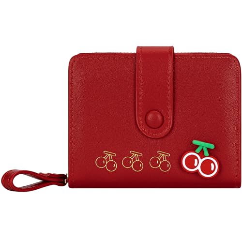 BIAOTIE Cute Wallet Women, Small Leather Bifold Cute Wallet with Zipper Coin Pocket Wallets for Women, Ladies, Female (Cherry Red)