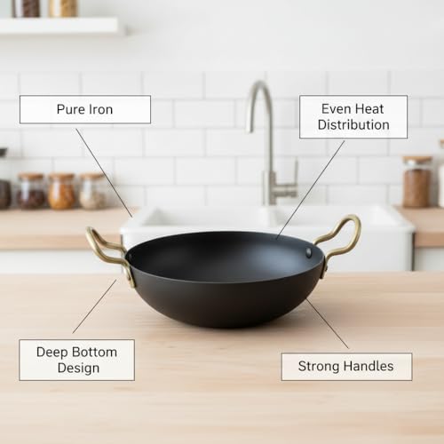 Image of Traditional Iron Deep Bottom Kadai with Handle, 8 Inch (19 cm), Ideal for Cooking on Induction and Gas Stoves