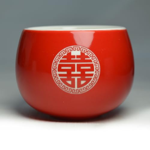 Image of Chinese Wedding Tea cup 5oz Porcelain Teacup Red Cups Round Glaze Carving Double Xi for Tea Ceremony Wedding Party Home Decor (Double happiness cups 2pcs)