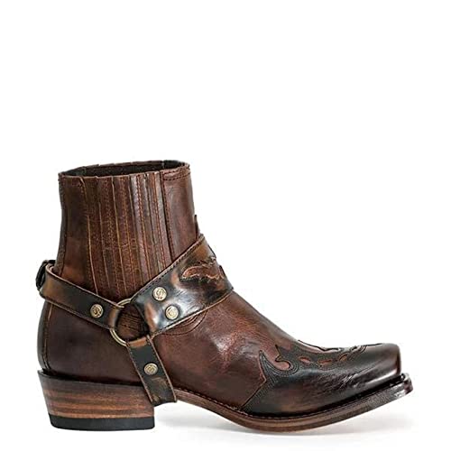 Men's Western Ankle Boots Fashion Buckle Strap Slip-on Boots Retro Leather Pointed Toe Chunky Heel Booties Cowboy Short Boots3