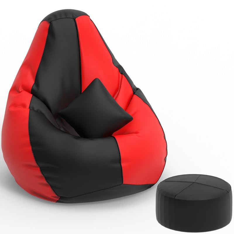 Image of Biggie Bean Bag with Beans Filled 6XL Bean Bag with Free Cushion & Footrest - Official : ElegantPuffPod Combo (Matching Color : Regular, Black Red)