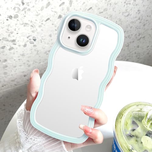 Image of MIDOS Back Cover Compatible with iPhone 15, Cute Curly Wave Frame Clear Case for Girls Women, Transparent Soft Silicone TPU Bumper Shockproof Protective Cover for iPhone 15 (Mint)