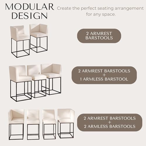 Image of HNY Modern Counter Height Bar Stools Set of 3, Linen Upholstered Contemporary Barstools with Back, 27 Inch Bar Chairs with Black Metal Frame for Kitchen Island, Cream