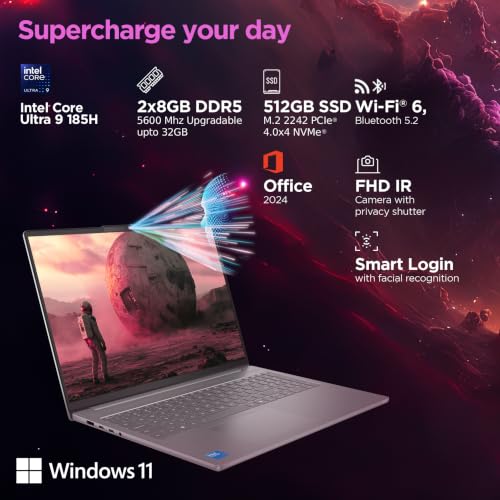 Image of Lenovo IdeaPad Slim 5 Intel Core Ultra 9 185H (16GB RAM /512GB SSD /WUXGA OLED /14 inch (35.56cm) /Windows 11 /Microsoft 365 Basic + Office Home 2024 /Backlit Keyboard /Metal Body /Grey /1.39Kg), 83V6005LIN