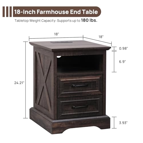 Image of ALBAD Farmhouse Nightstands with Charging Station,Walnut Brown Tabletop | End Tables with 2 Drawers, Cube Storage Organizer, USB Ports, Metal Handles, for Rustic Bedroom Bedside, Living Room, Dorm