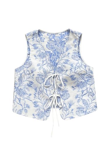 SHENHE Women's Vintage Floral Print Tie Front Vest Sleeveless V Neck Boho Vests Outwear