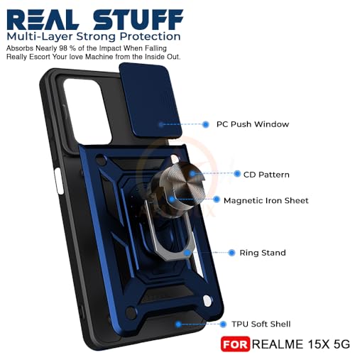 Image of Armor Bumper Back Cover Case for Realme 15X 5G Rotating Camera Cover, Ring Holder & Kickstand | Heavy Duty & 360 Degree Protection Realme 15X 5G Back Cover (Blue)