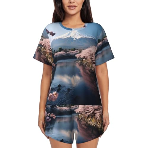 DRTGEDS Conjunto de pijama de dos piezas con diseño de paisaje de Monte Fuji de Japón para mujer, pijama suave de manga corta con pantalón corto, Negro, XXL