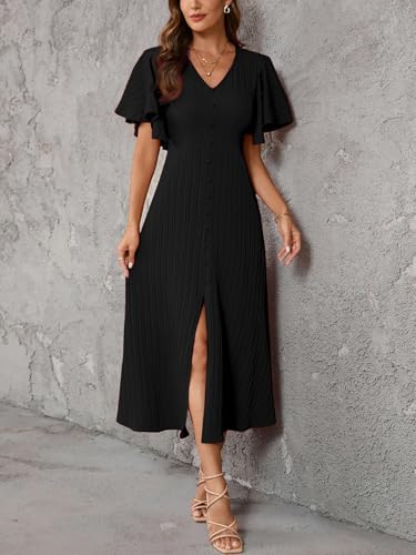 Image of Shasmi Girl's & Women's Pleated Midi Dress with Flutter Sleeves | V-Neck Western Dress for Women | Elegant A-Line Summer Outfit | Office & Casual Wear (Dress 244)