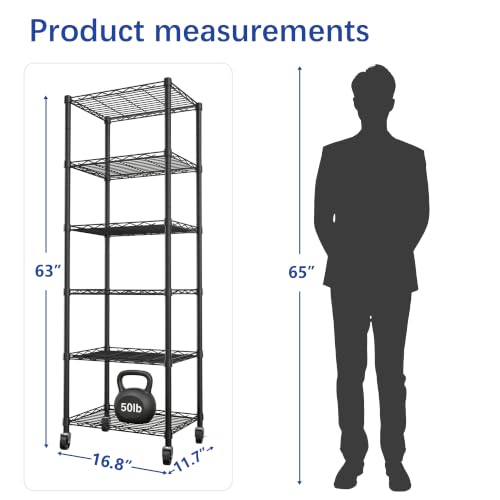 REGILLER 6 Wire Shelving Steel Storage Rack Adjustable Unit Shelves for Laundry Bathroom Kitchen Pantry Closet(Black,11.7" D x 16.8" W x 63" H,With Wheels) by REGILLER - Used condition - Image 3
