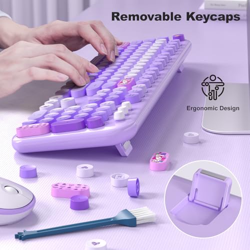 Image of Wireless Keyboard and Mouse Combo, MOWUX Full Size Typewriter Retro Round Computer Keyboard, Cute Optical Mouse Wireless, Plug and Play, for Laptop, PC, Computer- Purple Heart