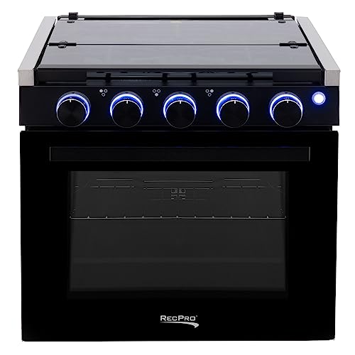Image of RecPro RV Stove | Gas Range 21 inch Tall | 3 Burner | 1.8 Cu. Ft | 7100 BTU | Optional Vented Range Hood | Black or Silver Color Options (Black, with Vented Range Hood)