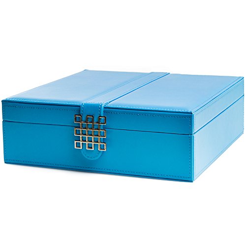 Glenor Co Jewelry Box - 28 Section Classic Organizer with Modern Buckle Closure, Large Mirror & 2 Trays for Women Teens and Girls - Holder for Earring Ring Necklace Bracelet & Watch -PU Leather - Blue - Thumbnail 7