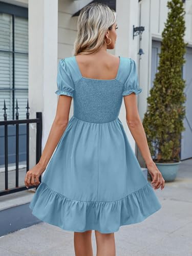 Image of Lyrur Women's Short Sleeve Summer Dresses 2026 Spring Casual Square Neck Easter Dress A-Line Tiered Sundress with Pockets
