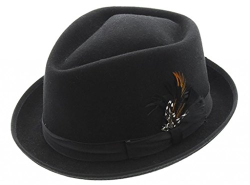 Milani Classic Fedora Wool Felt Hat W/Grosgrain Band and Feather Detail Black