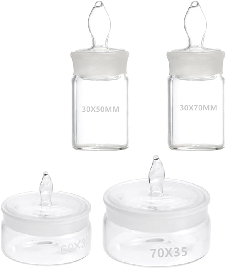 Hemobllo Glass Weighing Bottles Set of 4 – Low Form Tall Form Specific Gravity Bottle Borosilicate Glass – for Lab Chemical Analysis Hospital Testing for Solid Sample Weighing