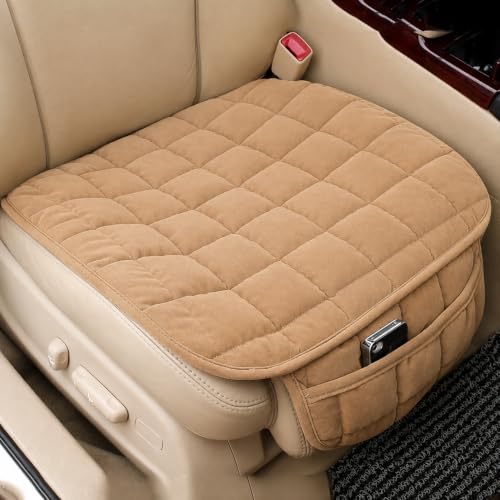 Image of Premium Breathable Car Seat Cover Cushion Universal Fit Velvet Seat Protector with Storage Pocket for Sedan, SUV, Truck & Office Chair Soft & Driving Comfort Pad 60x50 cm (1Pc) (Beige)