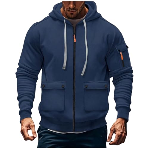 Mans Hoodie Full Zip Up Drawstring Hooded Jacket Drop Shoulder Casual Fall Winter Sweatshirts with Pocket