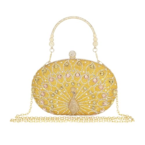 MAIRLOM Women's Evening Bags Sparkly Rhinestone Clutch Purses Luxury Diamond Peacock Handbag for Wedding Party Formal(Gold Peacock)