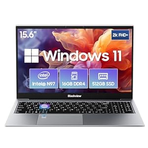 Blackview Ordenador Portátil 15,6″ FHD+, 16GB DDR4 512GB SSD + TF, Intel N97 3.6GHz/ Intel UHD Graphics, Windows 11 Laptop, 38Wh, HDMI 2.0, Bluetooth, USB 3.0, Fingerabdruck. FaceID, WLAN 5G /Gris