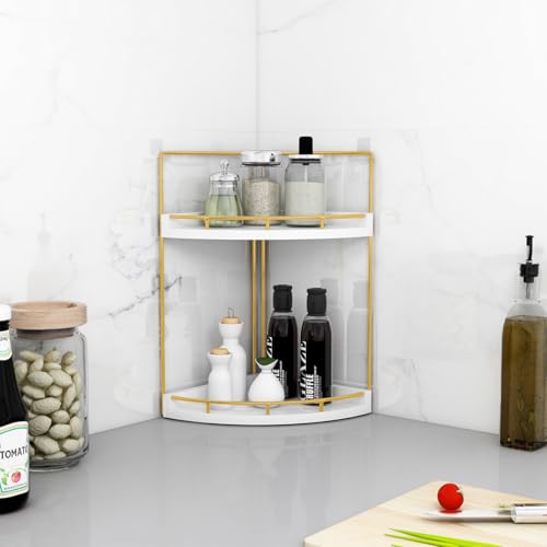 Image of Dorhors 2-Tier Bathroom Counter Organizer,Vanity Counter Corner Shelf, Skincare, Wood Countertop Bathroom Storage and Organization for Kitchen (Gold)
