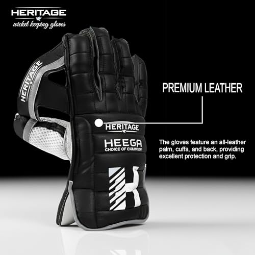 Image of Heega Heritage Leather Cricket Wicket Keeping Gloves for Professional Players | Durable Construction, High-Density Finger Protection, Ergonomic Design for Enhanced Flexibility and Comfort Black Men