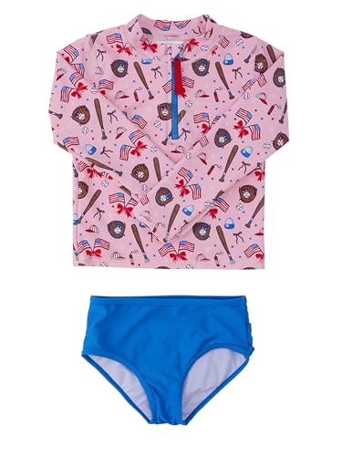 Image of RuffleButts Baby /Toddler Girls Long Sleeve Rash Guard 2 Piece Swimsuit Set w /UPF 50+ Sun Protection with Zipper