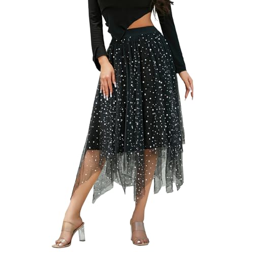 Women A Line Tulle Skirts High Waist Irregular Ruffle Layered Fashion Midi Skirt Party Evening Mesh Long Skirt2