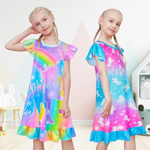 Fiodrimy 2Pcs Girls Nightgowns 3-8 Years Unicorn Sleepwear Night Sleep Dress Pajamas Little Kids Toddler Soft Nightgown2