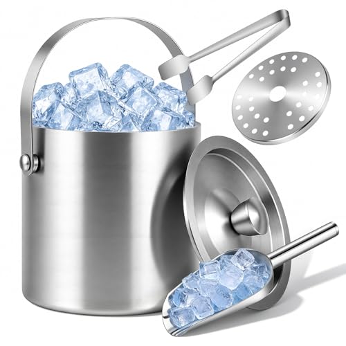 Dreamhigh 2L Eiswürfelbehälter Edelstahl Eiseimer mit Doppelwand-Design Eisbehälter für Eiswürfel Eiskübel mit Deckel & Eiszange & Siebeinsatz & Eisschaufel Tragbarer Eiskühler für Bier Wein
