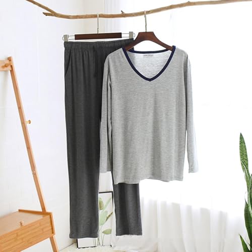 Mens Pajamas Set Solid Crew Neck Loungewear Cozy Sleepwear Long Sleeve Top and Long Pants Pj Set with Pockets2