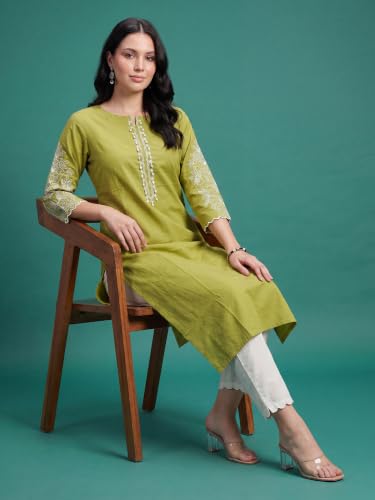 Image of INDO ERA Women's Cotton Straight Fit Floral Embroidered Kurta (KT0GN9776)