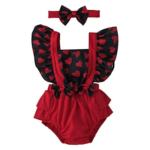 NZGSTR Newborn Baby Girl Valentines Day Outfit Infant Romper Dress Long Sleeve Ruffle Ribbed Bodysuit Hearts Suspender Shorts (A-Black, 9-12 Months) Cover