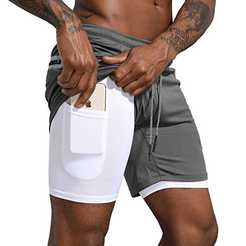 Leidowei Men’s 2 in 1 Workout Running Shorts Lightweight Training Yoga Gym 7″ Short with Zipper Pockets