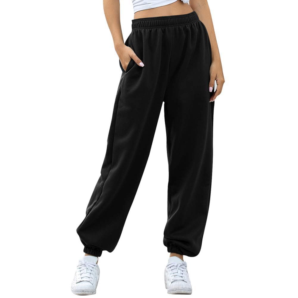Femme Uni Sarouel Jogging Pantalon Ample avec Poches Elastique Taille Haute Baggy Fitness Tracksuit Bottoms Sport Harem Pants Casual