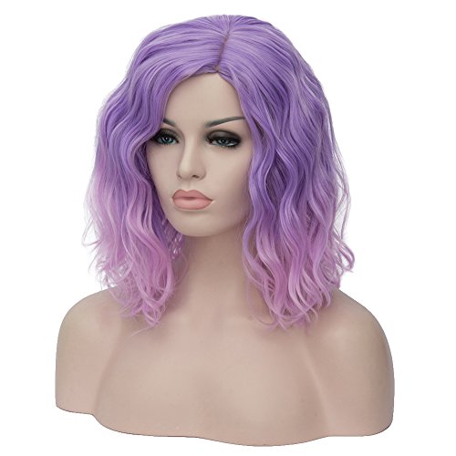 Beron 14" Women Girls Short Curly Bob Wavy Ombre Pink Wig Body Wave Daily Hair Wigs (Light Purple To Pink) #TOP2