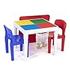 Humble Crew WhiteBlueRed Kids 2 in 1 Plastic Building Blocks Compatible Activity Table and 2 Chairs Set Square Toddler