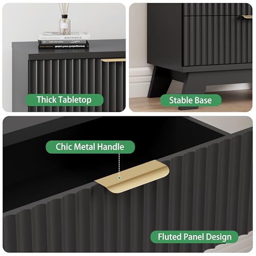 Image of Fluted Dresser for Bedroom with 3 Drawers, 24 inch Wide Modern Chest of Drawers with Metal Handle, Wooden Dresser TV Stand, Wood Closet Clothes Storage Drawer Organizer for Living Room, Hallway, Black