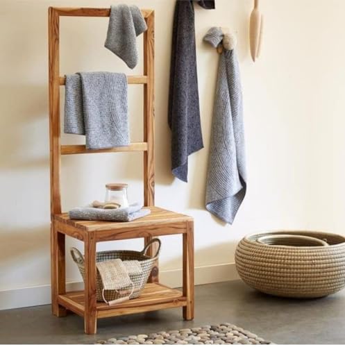Image of Freestanding Wooden Towel Rack, Multiple Tier Sheesham Wood Towel Holder for Bathroom, Towel Bar Stand /Ladder with Storage Shelf, for Bathroom, Bedroom, Laundry Room S3