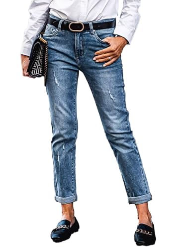 Flamingals Straight Leg Low Waist Boyfriend Roll Hem Wash Detail Denim Jeans Without Belt