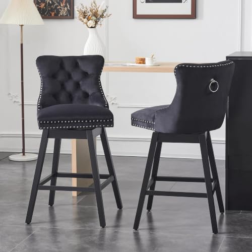 Image of Black Swivel Bar Stools, Velvet Counter Height Bar Stools Set of 2