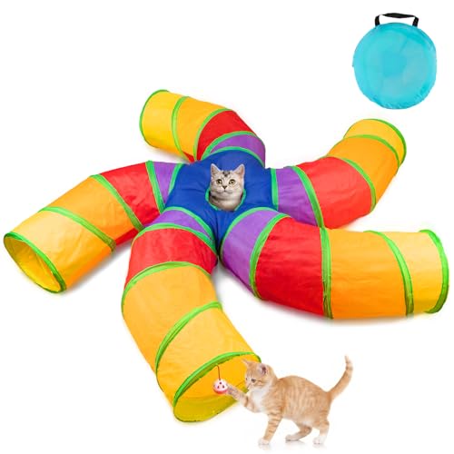 Depets Cat Tunnel for Indoor Cats, 5 Way Large Cat Play Tunnel & Tube with Play Ball, S-Shaped Folded Pet Tube with Interactive Peephole, Ideal for Indoor Exercise for Kittens Puppies Rabbits