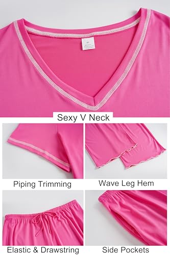 Image of Vozanet Women's Plus Size Pajama Sets Short Sleeve Long Pants Solid Color with Piping Trim Elegant Loungewear Cozy Sleepwear