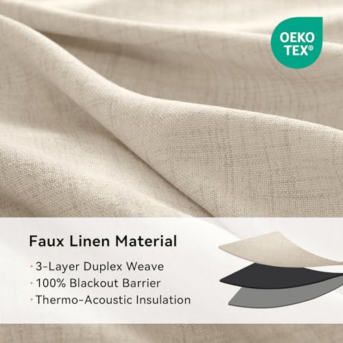 Image of 100% Blackout Shield Curtains, Linen Blackout Drapes 50''W x 72''L, 2 Panels, Natural Flax, Grommet, Thermal Insulated, Full Light Blackout Curtains for Bedroom