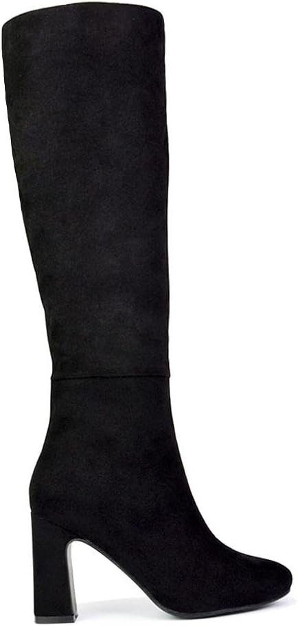 ESSEX GLAM Womens Knee High Boots Ladies Black Faux Suede Mid High Block Heeled Smart Long Shoes Size 5 B(M) US
