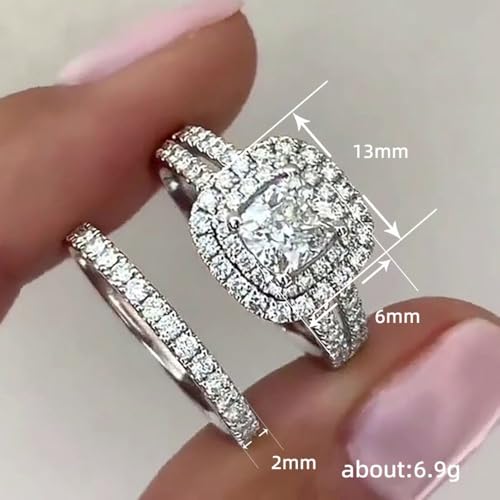 2pcs/set White Gold Plated Sparkling Cubic Zirconia Inlaid Stylish Engagement Ring Set Wedding Bridal Band Promise Rings Evening Parties Anniversary Valentine's Day Gifts Eternity Bands for Women4
