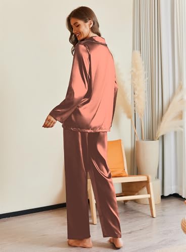 Image of Ekouaer Pajamas For Women Set Silk Pjs 2 Piece Satin Sleepwear Long Sleeve Button Down Lounge Sets With Pant