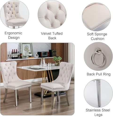 Image of 94.5 inch Faux Marble Dining Table Set for 10, Modern White Extendable Kitchen Table with Mirrored Pedestal, Modern Dining Room Table with 10 Beige Tufted Velvet Chairs, 11 Piece Dining Set for Living
