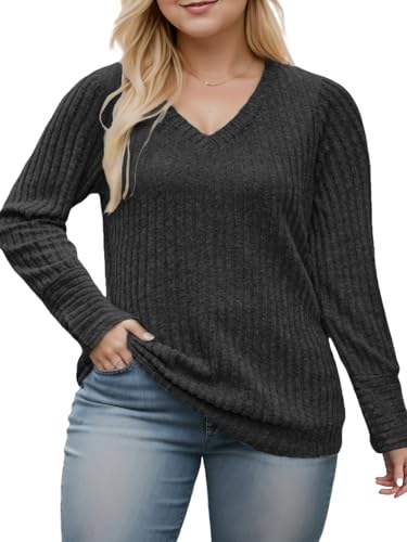 Image of VISLILY Womens-Plus-Size-Dressy-Tops Casual V Neck Long Sleeve Knit Sweater